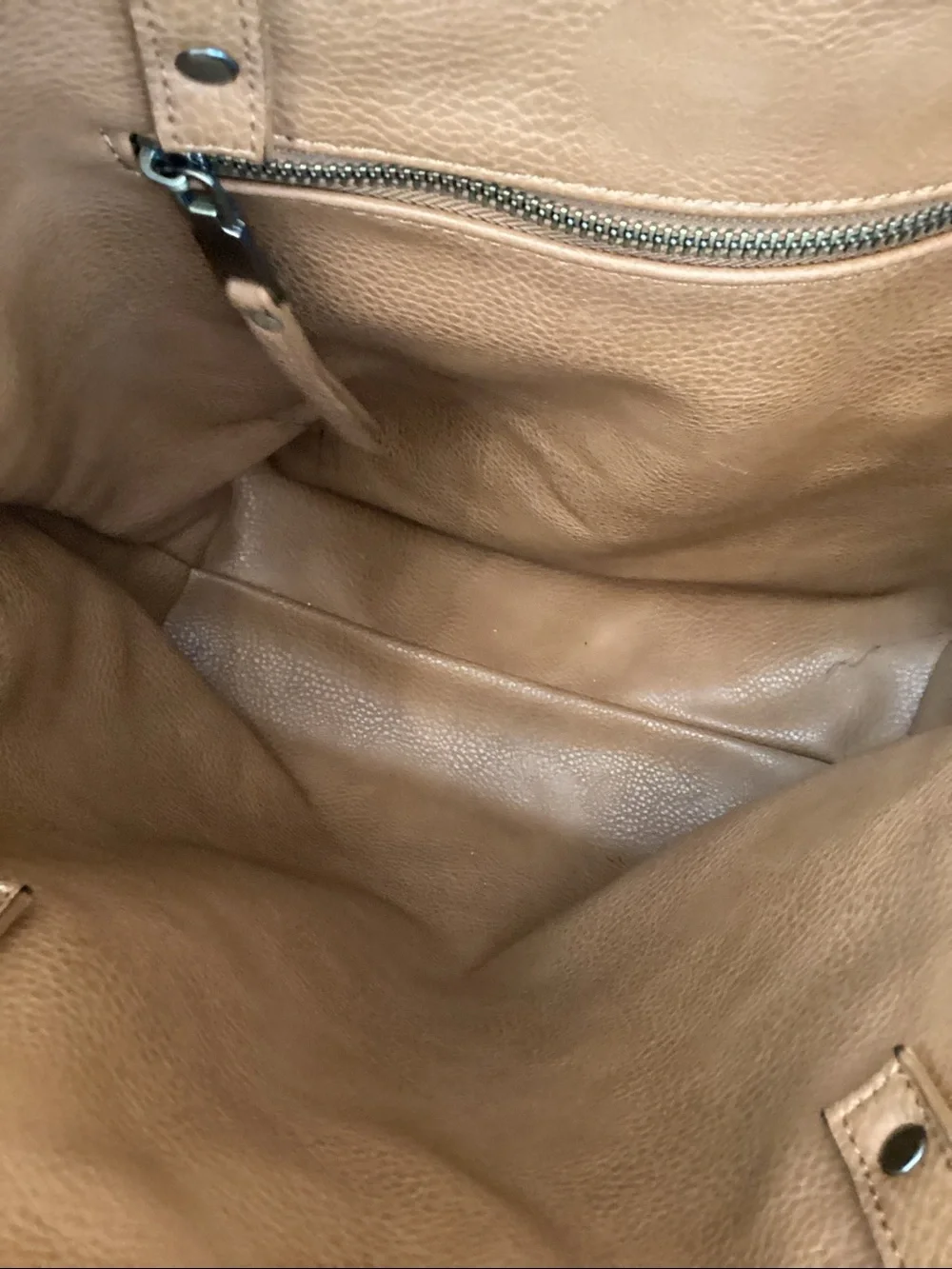 “Grateful” blue and white striped tote bag with tan straps